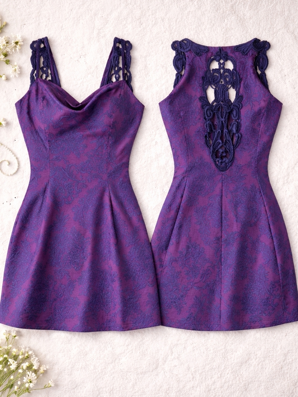 Gunne Sax Purple Brocade Mini Dress Open Back Appliqué Vintage Inspired